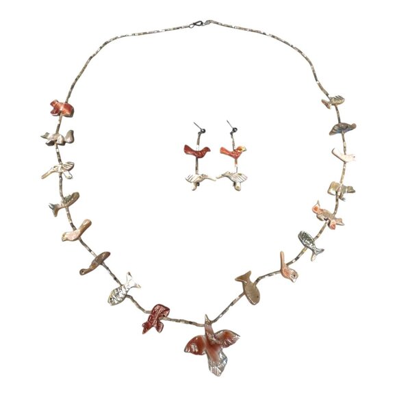 Vintage Zuni Bird Fish Fetish Necklace Matching Earrings Carved Native American - Picture 3 of 15